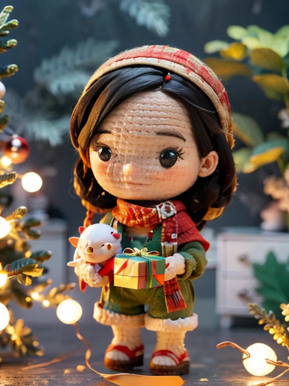 a cute big head Lara Croft, holding gift, red scarf, 3d animation, happy face, a Christmas trees and kitchen for background, Blurry background, Christmas ambience