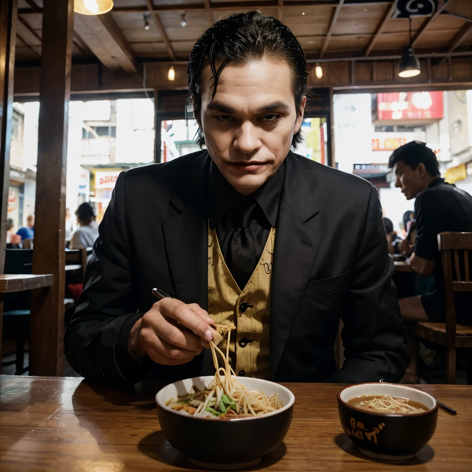 "JOKER interviews BATMAN while eating noodles in a cafe that says *WARUNG BUDI CIKALANG*, in a village, reality, ultra wide shoot, 4K HD, dramatic."