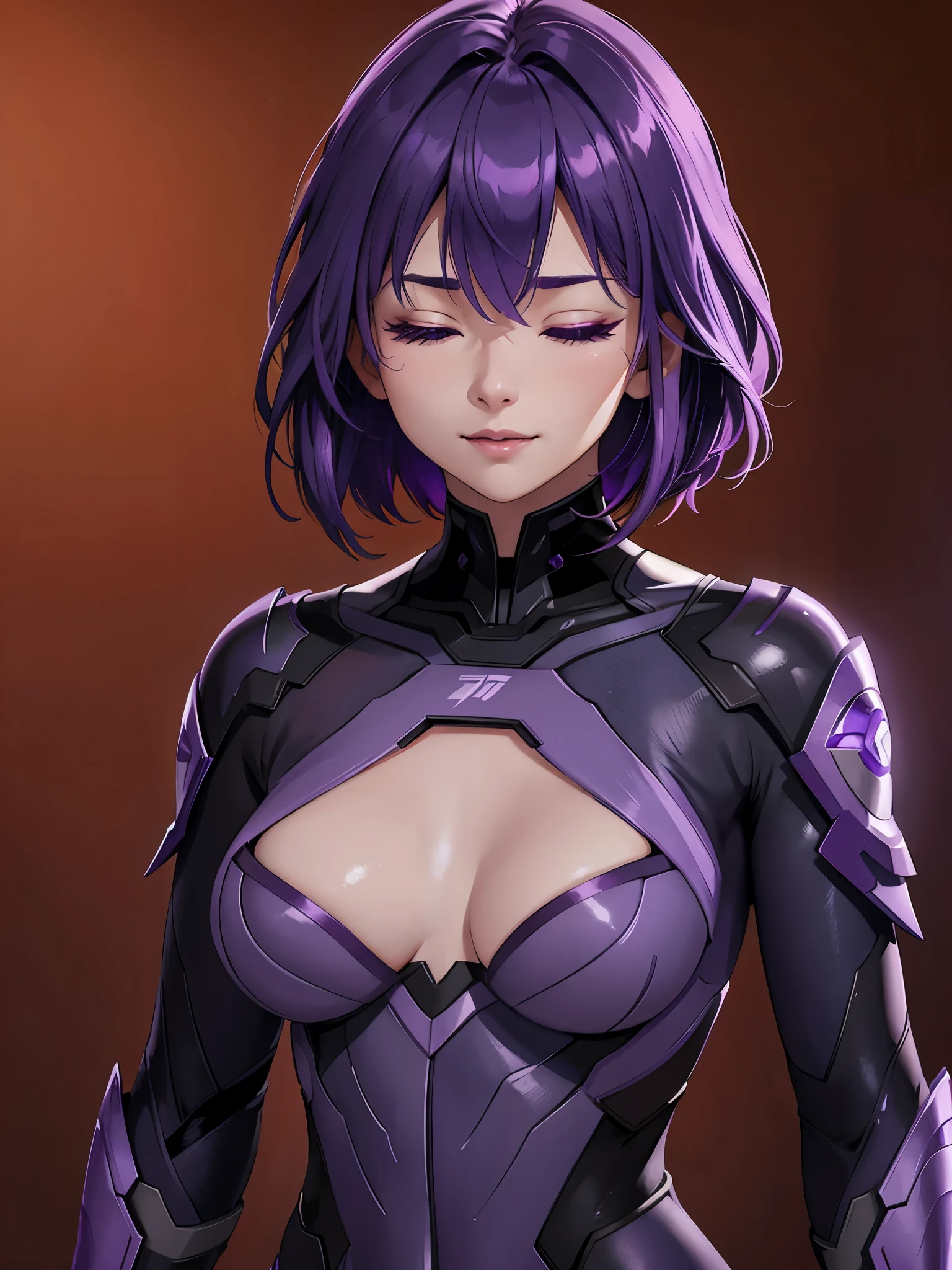 Raiden general, Purple colored hair, With his eyes closed, A girl was laughing, with her mouth open, Orange background, sportrait