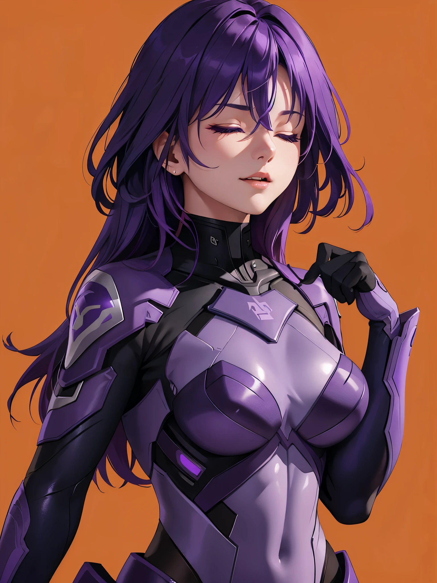 Raiden general, Purple colored hair, With his eyes closed, A girl was laughing, with her mouth open, Orange background, sportrait