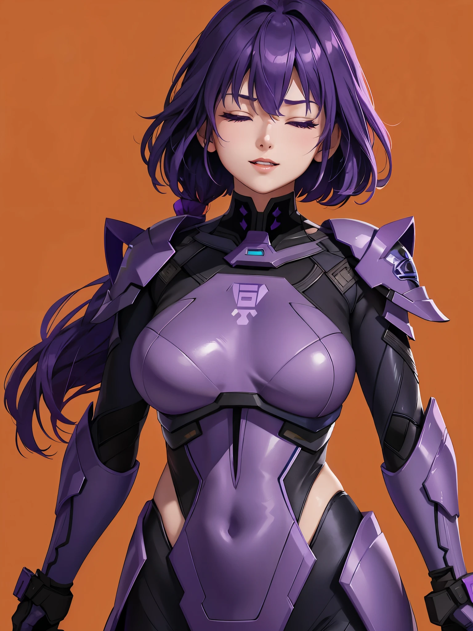 Raiden general, Purple colored hair, With his eyes closed, A girl was laughing, with her mouth open, Orange background, sportrait
