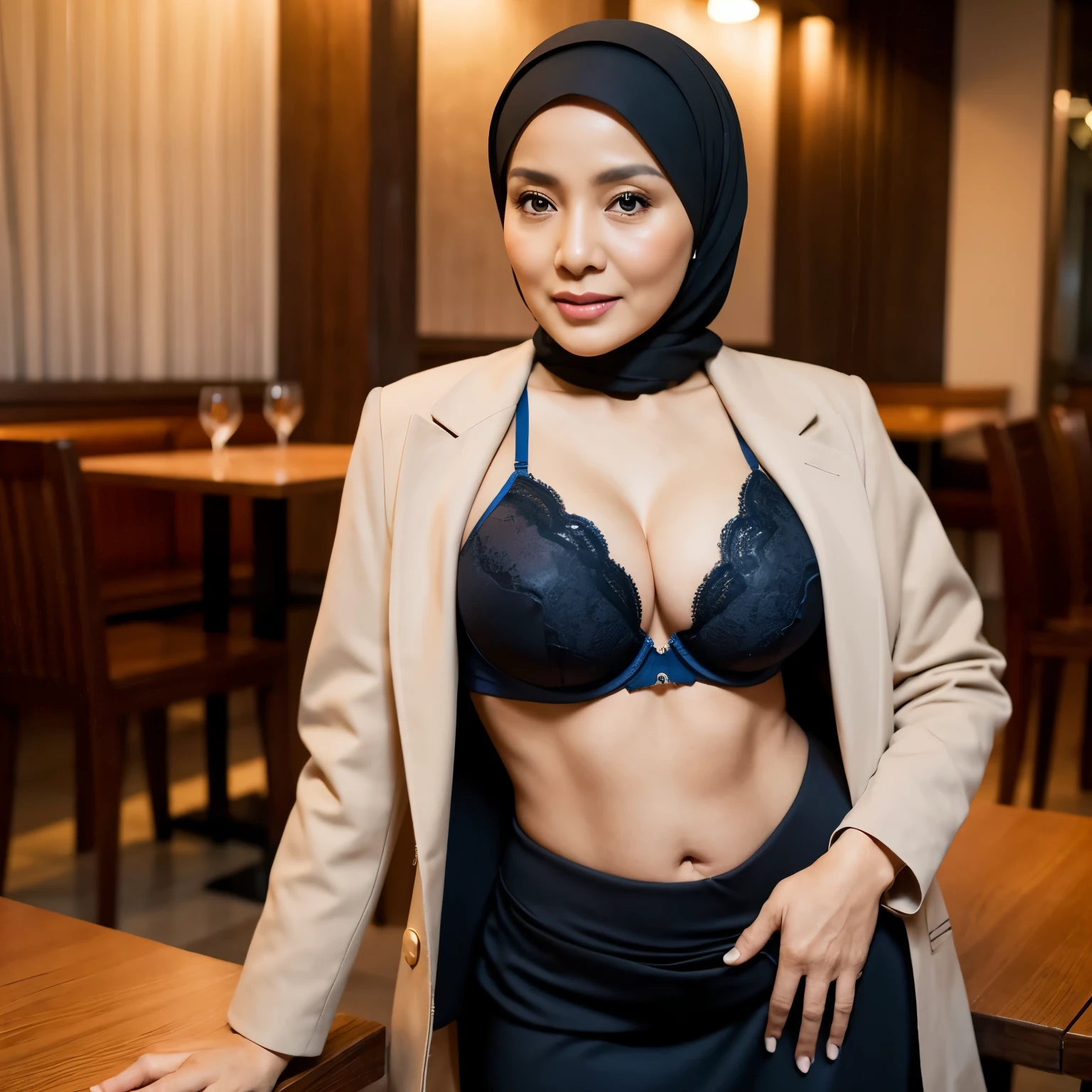 56 Years Old, Beautiful Hijab Indonesian Mature woman, Droopiest Saggy Big Mature Tits : 99.9, Blazer, sport bra, full body, lewd body, at restaurant, Nikon D7000, 64K HDR Photo