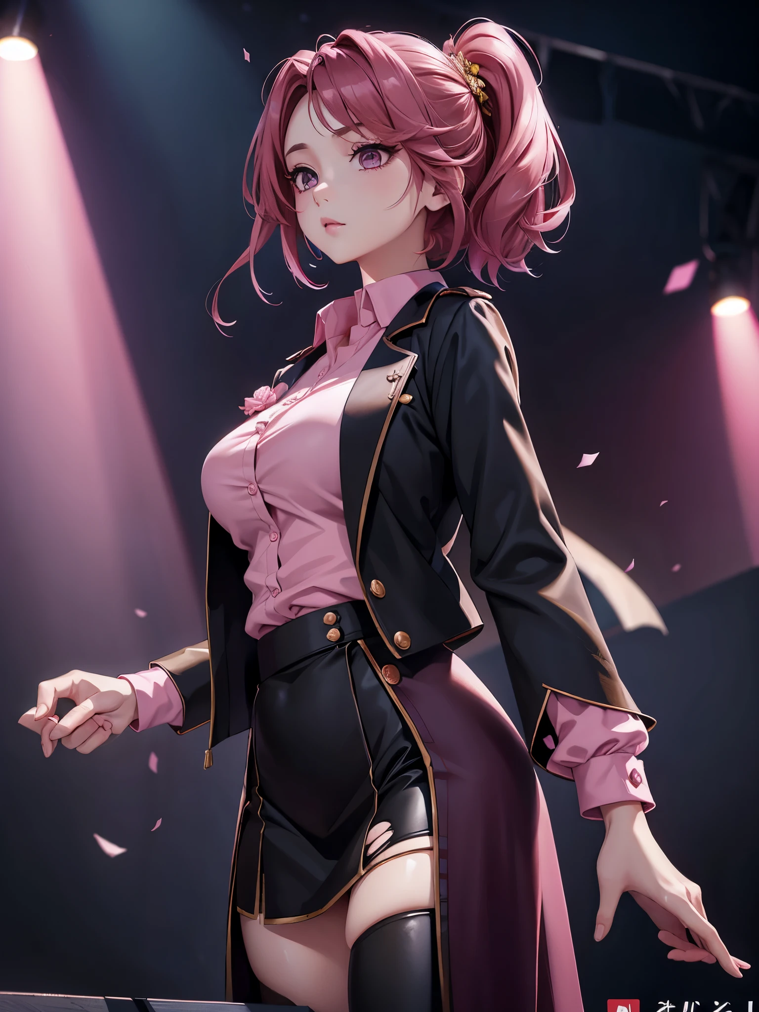 tmasterpiece, Best quality at best, 1个Giant Breast Girl, The upper part of the body, Ji Rou, 詳細な目, Pink shirt, Black jacket, Torn clothes, concert, (stage)