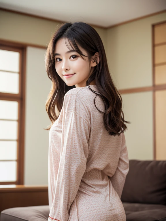 (8k, RAW photo, best quality, masterpiece, ultra detailed:1.2),(realistic, photo-realistic:1.4), sharp focus, depth of field, blur background, bokeh, cinematic lighting, soft light, Japanese actress, cute, beautiful, 20 years old, (detailed skin: 1.2), pale skin, brown eyes, smiling, happy, looking at viewer , (pajamas), (looking back:1.2), small hips, cozy living room,