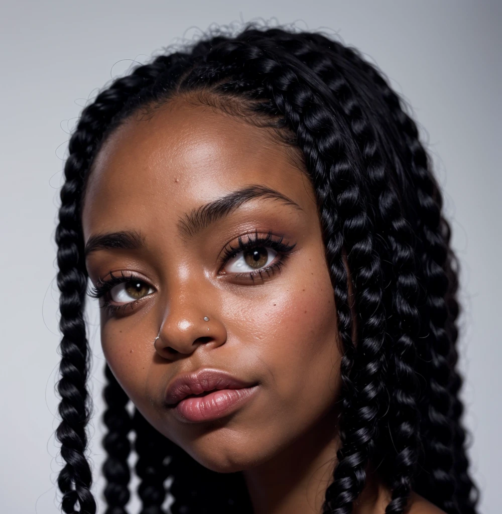 an African American girl with black box braids hairstyle, with thick lipgloss lips