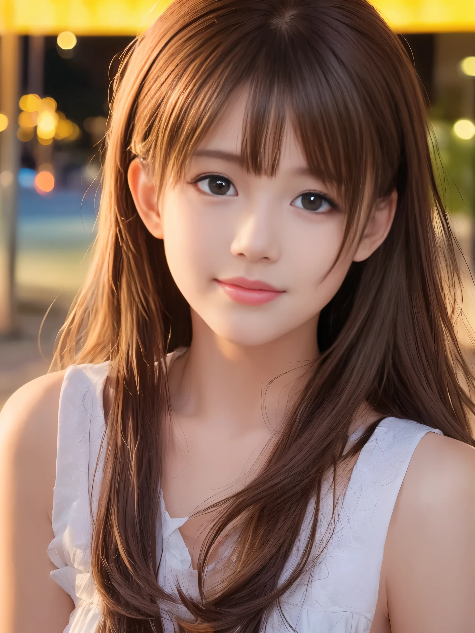 (8k raw photos, highest quality, masterpiece, 8k-UHD), (realistic, photorealistic: 1.37), (anatomically accurate and realistic skin), ultra high resolution, depth of field, film lighting, film grain, very cute 16 year old girl, tips, red eyes, long eyelash, bags under the eyes, cute face, very detailed eyes and hair, skin with beautiful details, happy smile, brown hair, thick bangs, shiny hair, curly, , cityscape,