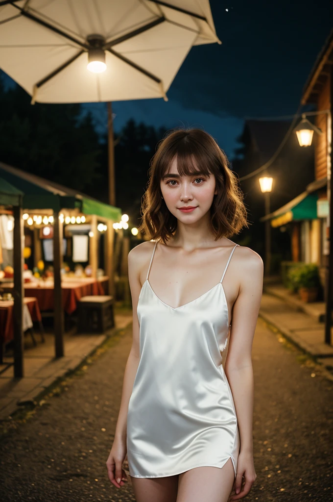 A stunning intricate full color portrait of  a pale woman,wearing a Slip-style dress with racerback straps, Quaint village square, epic character composition,by ilya kuvshinov, alessio albi, nina masic,sharp focus, at night, subsurface scattering, f2, f2, 35mm, film grain, smile