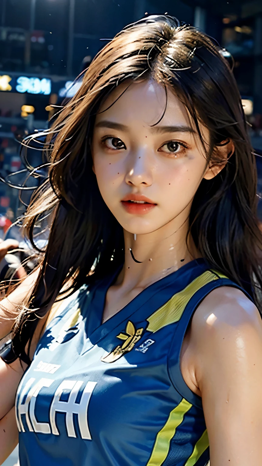 quality, 超高分辨率, (realisticlying: 1.4), 8K分辨率, (Woman in basketball uniform), (Random hair: 1.3), (realisticlying的头发: 1.2), (realisticlying的眼睛: 1.2), (beauitful face: 1.3), (), (Wet skin: 1.2),(dynamic angle:1.1),