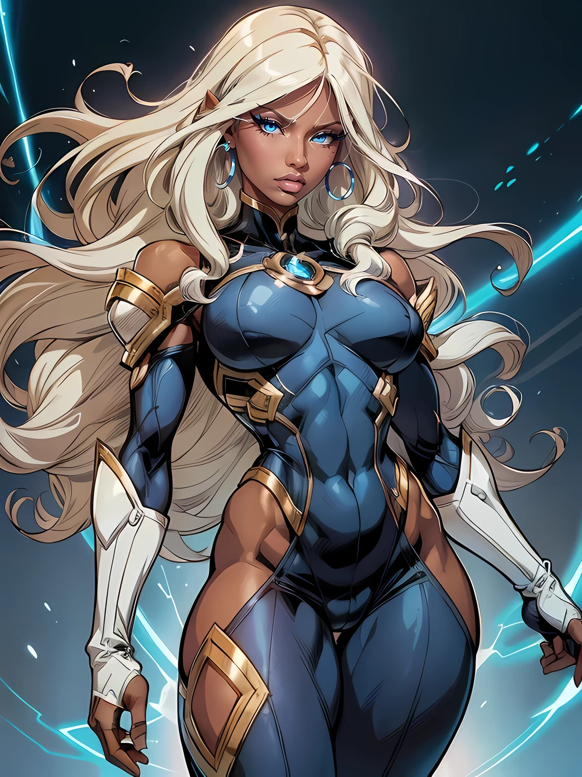 best quality, 1girl, mature woman, ((((tall)))) ((dark skin)), (small breasts), chubby, (muscular legs), long ((curly)) white hair with bangs, Storm, also known as Ororo Munroe, Marvel character, exposed shoulder (floating in the air), huge lips, eyelashes, blue eyes, gloves, angry, (simple background), close up