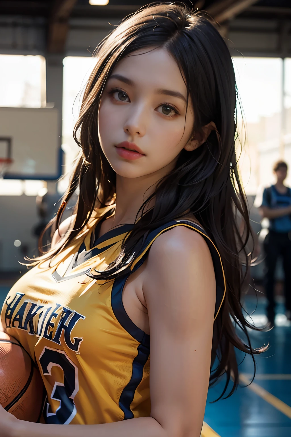 8k, Best Quality, Masterpiece: 1.2), (Realistic, Photorealistic: 1.37), Super Detailed, Best Quality, Super High Resolution, Professional Lighting, Photon Mapping, Radiosity, Physically Based Rendering, Cinematic Lighting , basketball court, depth of field, focus, sun rays, good composition, (bokeh: 1.2), 1 girl, (whole body), (closed mouth), beautiful eyes, pose, constriction, basketball uniform, black hair , messy hair, long hair blowing in the wind,(ulzzang-6500:1.2) mix4, hiqcgbody, large breasts, a littel sexy outfits