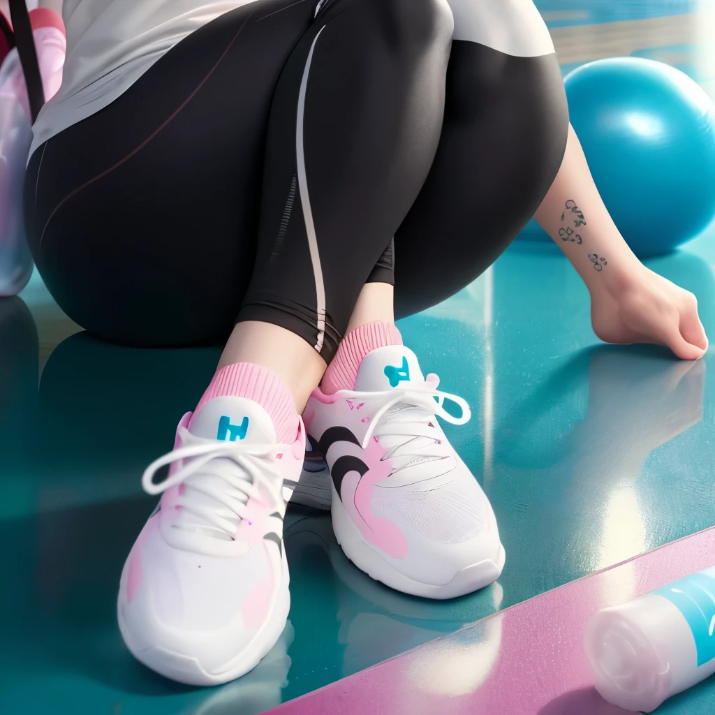 The image features a person wearing   white sneakers   and   black leggings , sitting on   a gym floor   with   a pink water bottle  nearby. They are also wearing   black socks