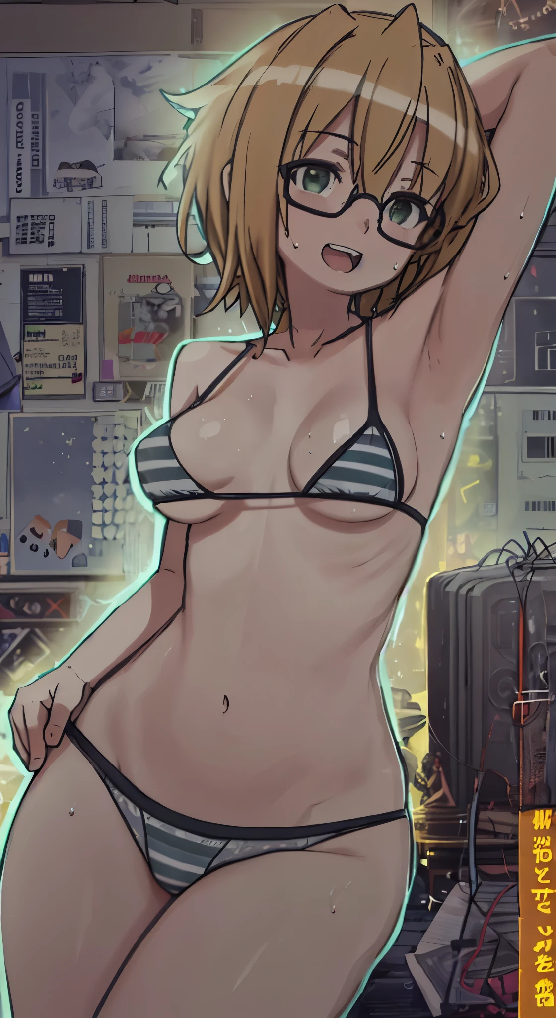 hiquality、16 K、(NSFW)、((Normal breasts))、thick thighs、(Green eyes,a blond、Short hair, bob cut hair),(bauth hanDs behinD heaD),(Sweat)、boobs boobs desperate、((:D))、((nipple bulge))、((Light blue stripeD bikini))、the beach、boobs boobs dynamic angle、eye glasses