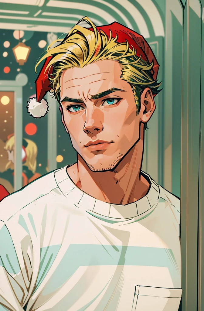 there is a man that is standing by a fence with a cell phone,Christmas,((young people:1.5)), ((Beautiful Hardcore Illustration homepage illustration style:1.2)),dark,((Red Christmas Hat:1.5)), high resolution, ((hard touch illustration:1.2, strong outline,Christmas style, Christmas fashion, 8k, ((American comic style:1.2)), colorful background, Hiroyuki Nagasaka, aggressive, beautiful face, cool beauty,beauty style, red color, battle, Hard illustration, blond colored hair, backwards,