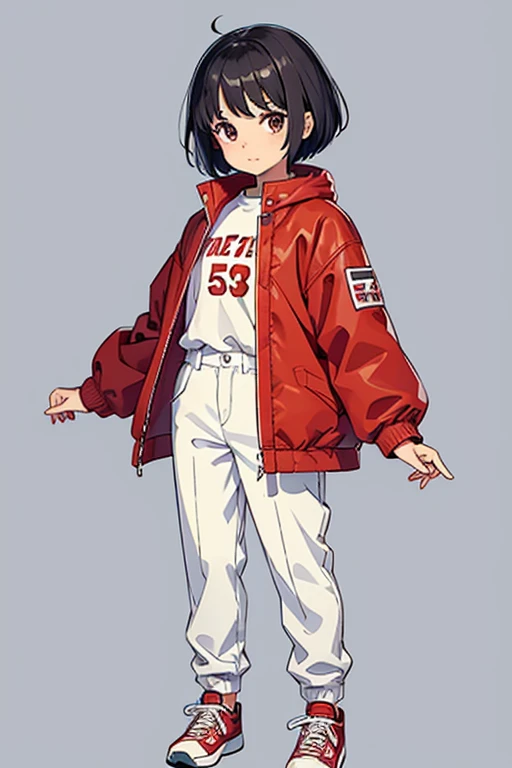 A cute little girl，age 5，short detailed hair，Plain white background，Full body photo，wearing pants，Red cotton jacket