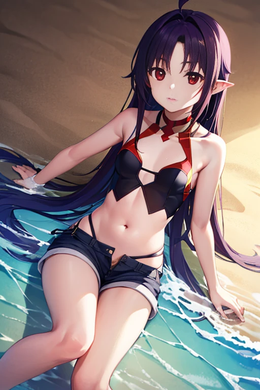 Yuki Konno, Yuki Konno, shairband, Long hair, pointy ear, Purple hair, (Red Eyes:1.5), (Small breasts:1.2), Ahoge sleeveless,shortpants,Holding a float in your right arm,sand beach,Mare,Mare水浴,expressioness(A delightful) Upper body, Full body,
BREAK outdoors,
BREAK (masutepiece:1.2), Best Quality, High resolution, Unity 8k壁纸, (Illustration:0.8), (Beautiful detailed eyes:1.6), extra detailed face, Perfect Lighting, extremely details CG, (Perfect hands, Perfect Anatomy),