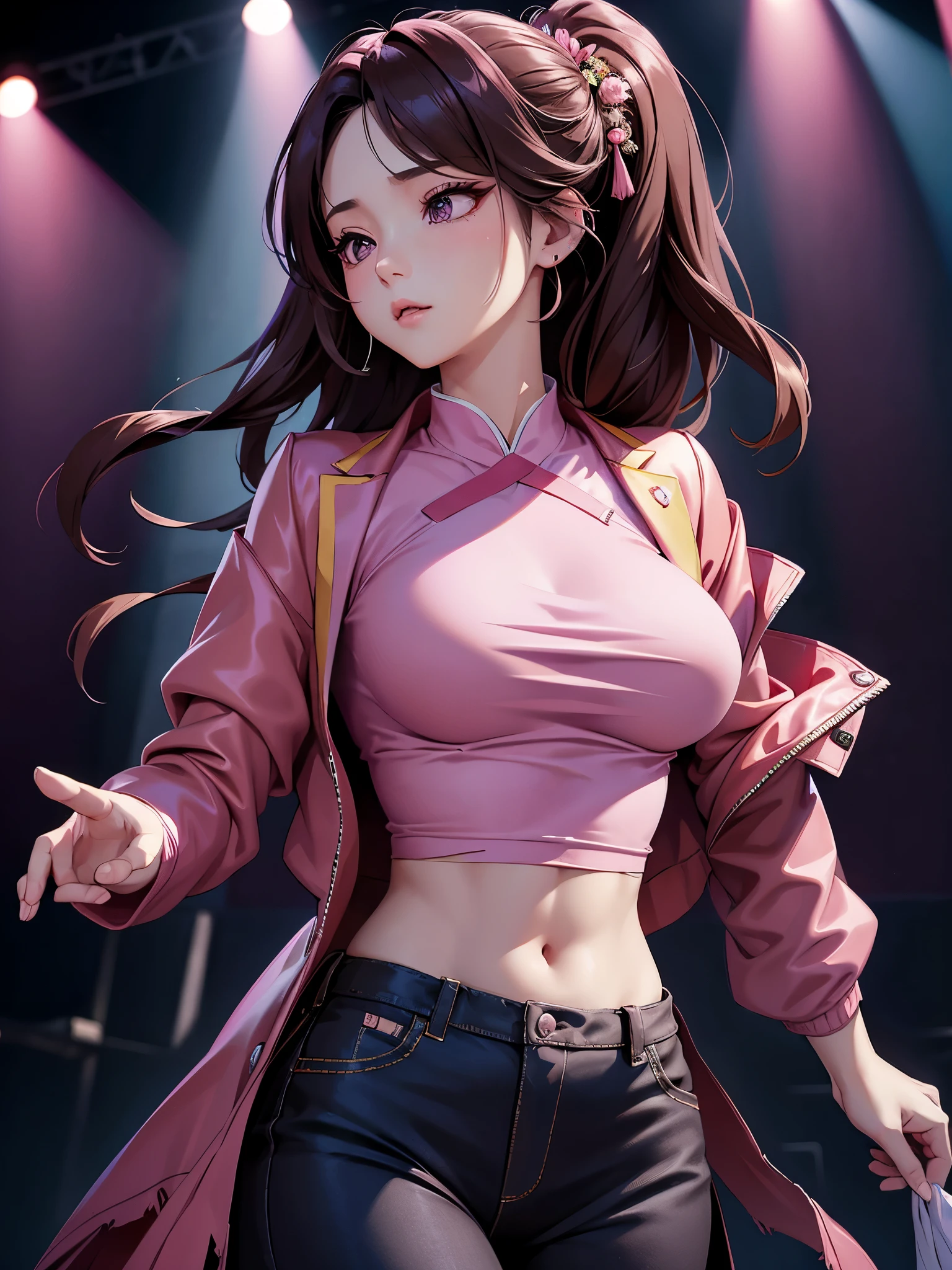 tmasterpiece, Best quality at best, 1个Giant Breast Girl, The upper part of the body, Ji Rou, 詳細な目, Pink shirt, Black jacket, Torn clothes, concert, (stage)
