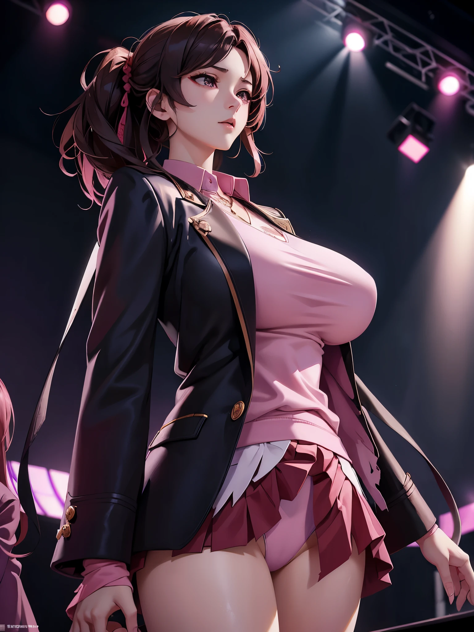 tmasterpiece, Best quality at best, 1个Giant Breast Girl, The upper part of the body, Ji Rou, 詳細な目, Pink shirt, Black jacket, Torn clothes, concert, (stage)