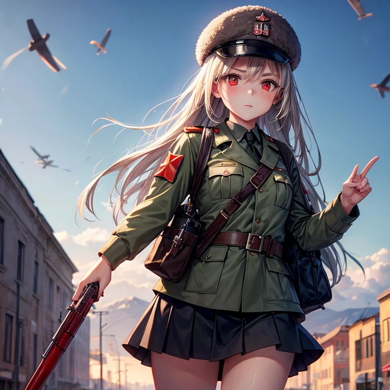 military, ww2, ussr army, Killing expression, Wear a short skirt, Drink vodka, Alone, photo techniques, 5 fingers, girl, Red eye, Carrying an weapon, ushanka,