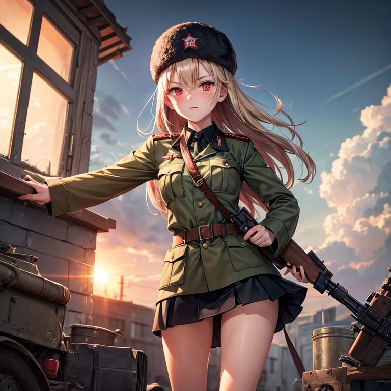 military, ww2, ussr army, Killing expression, Wear a short skirt, Drink vodka, Alone, photo techniques, 5 fingers, girl, Red eye, Carrying an weapon, ushanka,