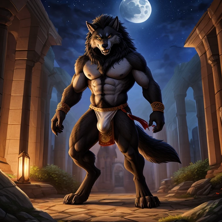 (by Bonfire Demon:0.8), (by wfa:1), (incredibly detailed and intricate:1.4), masterpiece, photorealistic, 4k, 8k, ultra detailed, high quality, werewolf, (dark grey fur:1.2), (black mane:1.5), (detailed fur texture:1.5), digitigrade, correct anatomy correct proportions, (athletic body: 0.8), (black fur happy trail:1.4), (furry chest:0.8), (wolf claws), (wolf fangs and teeth), outside of a castle on midnight with full moon, using a loincloth, (detailed bulge:1.2)