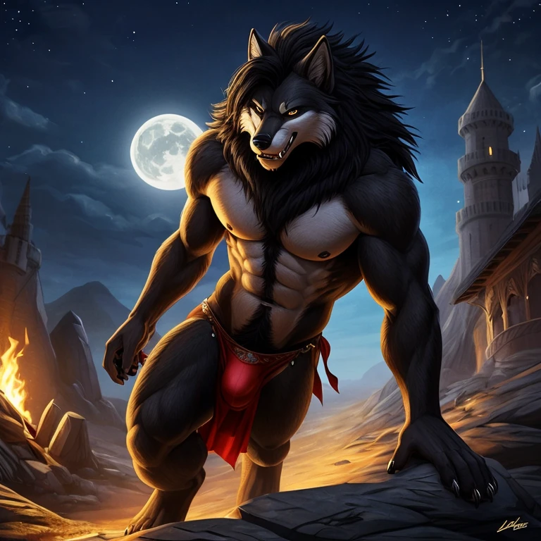 (by Bonfire Demon:0.8), (by wfa:1), (incredibly detailed and intricate:1.4), masterpiece, photorealistic, 4k, 8k, ultra detailed, high quality, werewolf, (dark grey fur:1.2), (black mane:1.5), (detailed fur texture:1.5), digitigrade, correct anatomy correct proportions, (athletic body: 0.8), (black fur happy trail:1.4), (furry chest:0.8), (wolf claws), (wolf fangs and teeth), outside of a castle on midnight with full moon, using a loincloth, (detailed bulge:1.2)