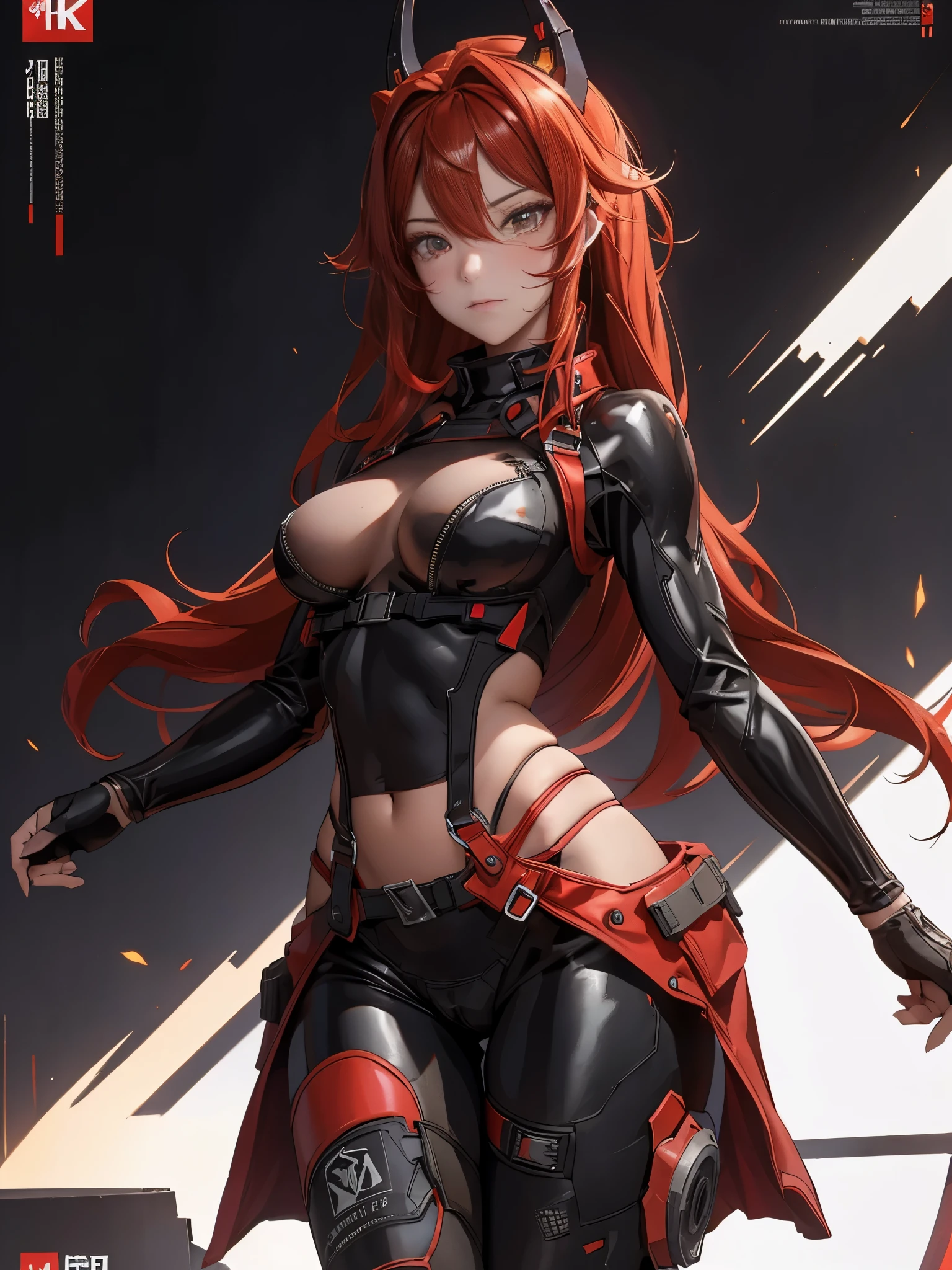 A lone mature girl, Leg long Burning Red hair, , Brown eyes, cat eyes, Beautiful face, masterpiece, best quality, expressive eyes, perfect face, forehead protector, long Black Twin Horn Head Gear, Big Anti-Tank Sniper Rifle, Exposed Navel, Black rubber skin tight suit, full leg black stocking, exposed chest , sci-fi city , High detail mature face, combat suit, high res, ultra sharp, She stands confidently in the center of the poster, Shooting pose, explosion effect, a determined expression on her face。The background is dark and gritty，There is a sense of danger and a strong feeling。The text is bold and eye-catching，With catchy slogans，Adds to the overall drama and excitement。The color palette is dominated by dark colors，Dotted with bright colorake the poster dynamic and visually strikinagazines:1.3), (Cover-style:1.3), Fashion, vibrant, Outfit, posing on a, Front, rich colorful，Background with，element in，self-assured，Expressing the，halter，statement，Attachment，A majestic，coil，Runt，Touching pubic area，Scenes，text，Cover of a，boldness，attention-grabbing，titleashion，typeface，，Best quality at best，Hyper-detailing，8K ，hyper HD