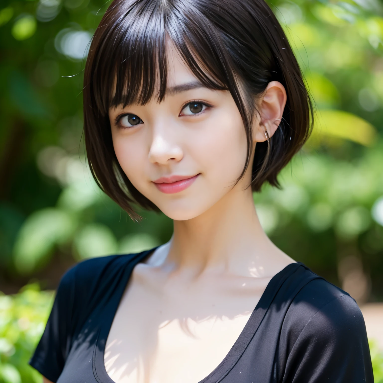Best-quality, Masterpiece, Ultra-High-Resolution, (Photorealistic:1.4), Raw-Photo, Extremely-Details, Perfect-Anatomy,
1girl, the most famous Japanese idol, extremely cute-face like a most popular Japanese idol, extremely beautiful big-black-solid-circle-eyes, extremely beautiful black short-cut-haired, detailed cute face, detailed beautiful big black eyes, detailed beautiful black short cut-haired,
innocent smile,
wearing extremely gorgeous T-shirt with stylish design, detailed extremely gorgeous T-shirt with stylish design