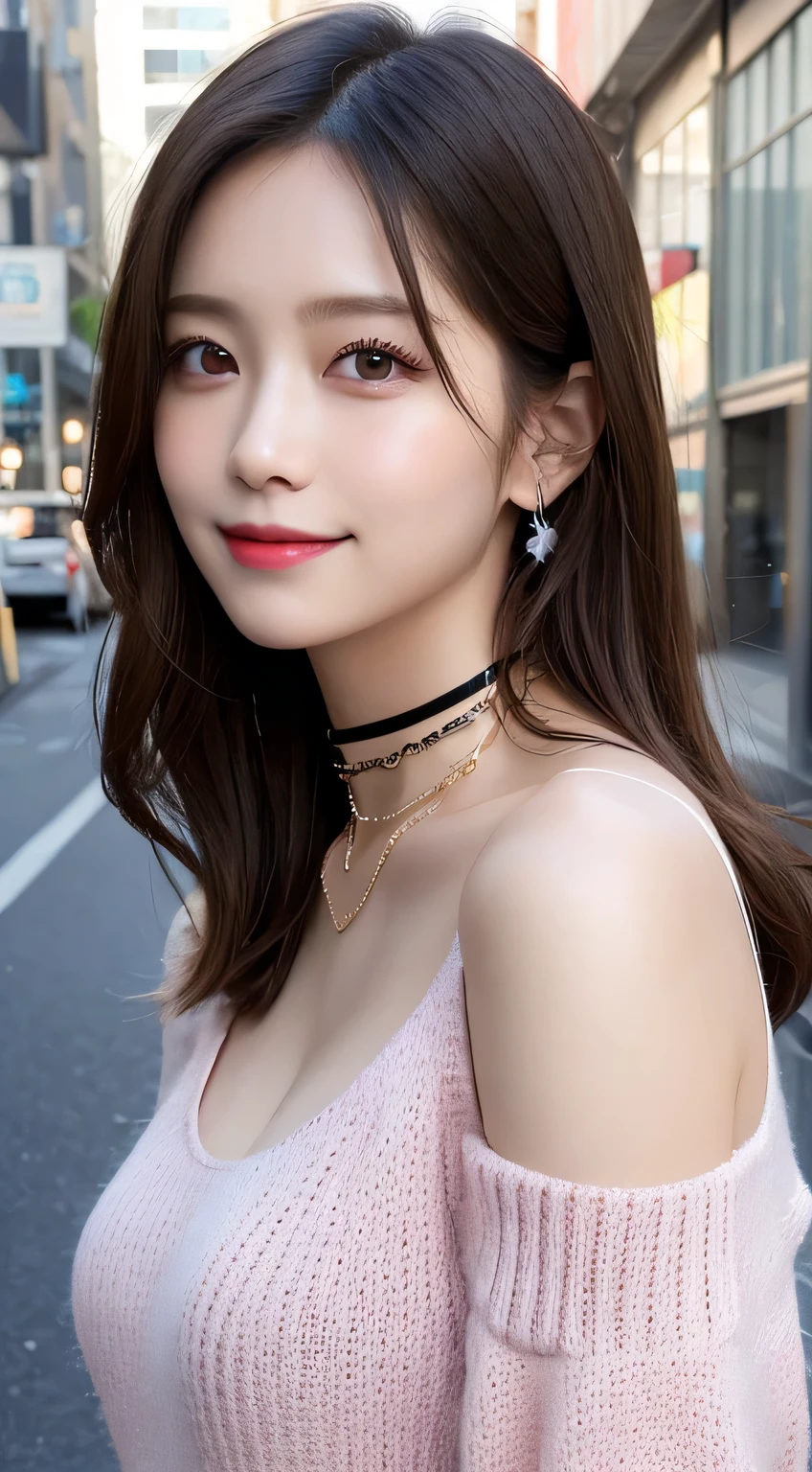 masutepiece, Best Quality, Illustration, Ultra-detailed, finely detail, hight resolution, 8K Wallpaper, Perfect dynamic composition, Beautiful detailed eyes, doress,Medium Hair, mid-chest, Natural Color Lip, Random and sexy poses,Smile,Aoyama Street Walk、20 years girl、Colossal tits、Too much exposure、No shoulder knitwear（pinkcolor）、Exposing the chest、Slid、Choker with chain（Black）、I keep my hair tied