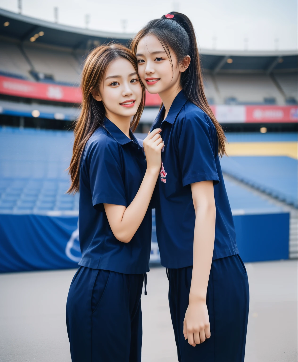 (bestquality,10,10,highres,masterpiece:1.2),ultra-detail,(Realistic,ภาพRealistic,photo-realistic:1.37),1 Cute girl in the football field,oily shiny skin,bara,light smile,BDclothelue shirt:1.3)),short sleeves,shirt, trousers.,(navy_long_ติดตามtrousers:1.1), ((Stadium Background:1.3)),dynamic angle,excited,face focus,Dynamic Poses,from behide,Ass Focus,masterpiece, bestquality, ultra realistic, hyper-detail, 8k resolution, RAW photo, crisp focus, ((Navy blue shirt:1.1)), short sleeves, เส้นทางlong, Complete bodyแบบ, 2 mature women, 18yo, cinematic light,trousersวอร์มสีน้ําเงิน,Gymware,Correct anatomy,Complete body, Correct body, sharp face, Correct bodyทางกายวิภาค, full entire body, Realistic gestures, long-haired, Realistic poses,Wear long shorts........................................,ช่วงขาlong,Shapely,Sculpting Girl, Slender Figure, mannequin mannequins, Shapely, Beautiful body,trousersวอร์มสีน้ําเงิน, Two girls kissing