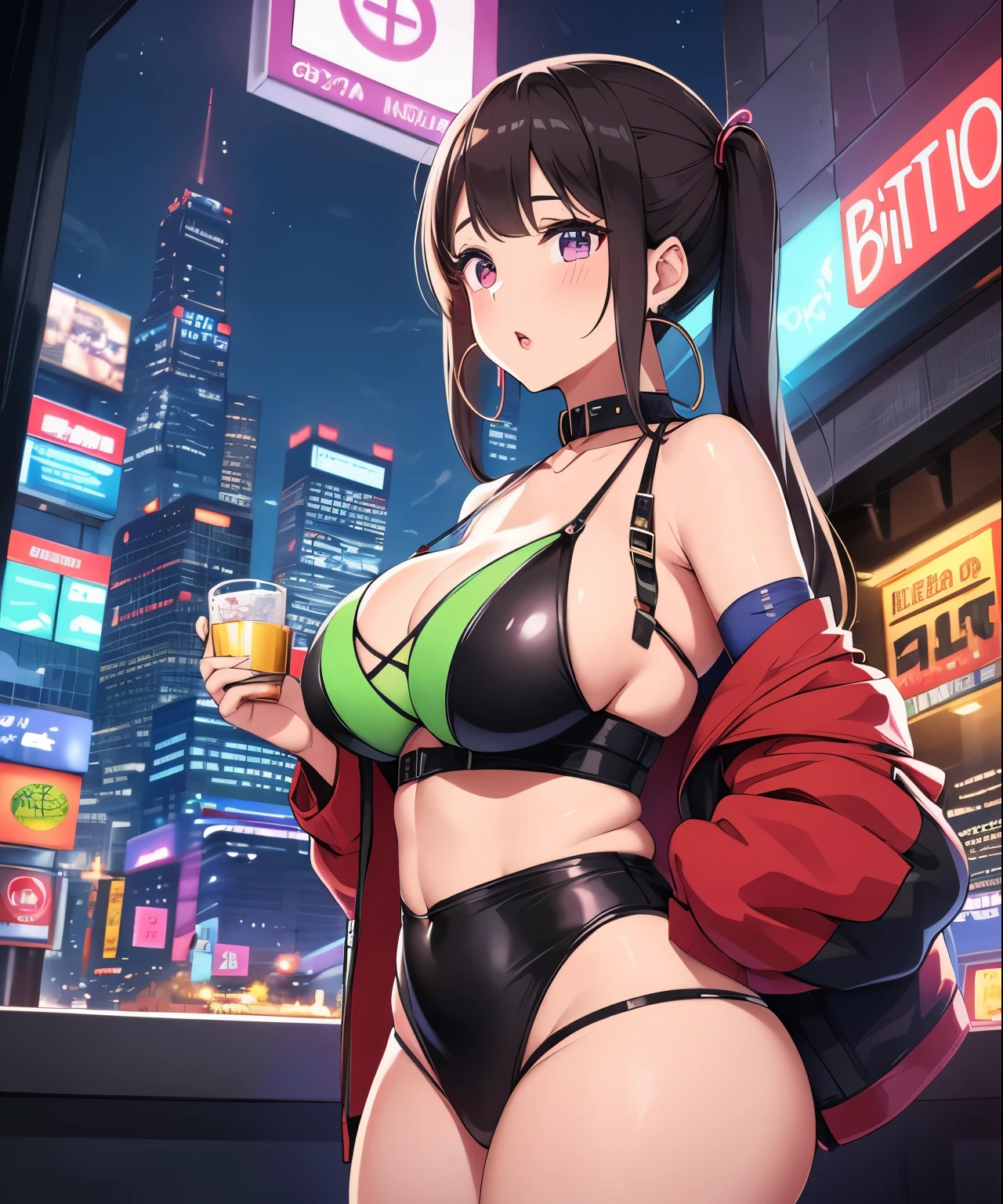 1girl, (((bimbo))),hoop earrings, puffy lips, painted lips, thick lips.
blonde hair, short twintails, wide hips, thick thighs, bursting breasts Nightlife, Night city, Cyberpunk city, futuristic cityscape. Neon lights, (skyscraper:1.1), Tokyo tower, palm tree, cloth sign, ramen stall, night club. bright city lights, exotic car. alcohol, bar, ramen, soup stall ,alcohol bottles, stomach blush