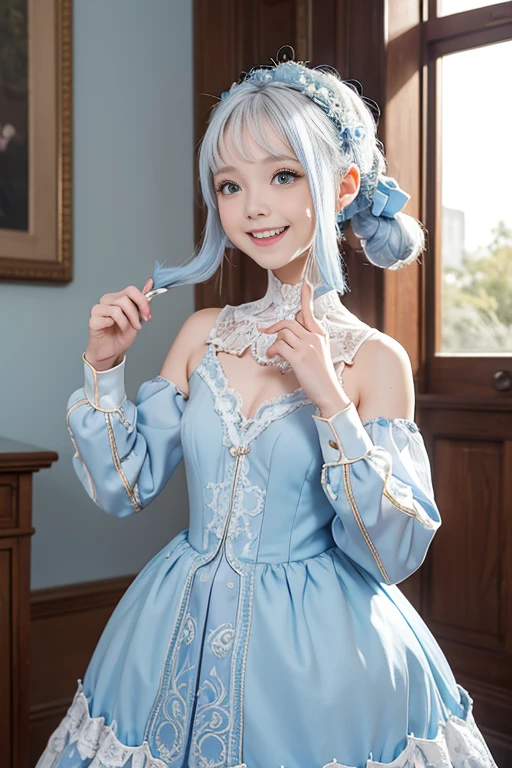 Best quality at best，tmasterpiece，Extremely Delicately Beautiful，The content is very detailed，CG，gatherings，8k wallpaper，An Astonishing，Detailed pubic hair，1Blittle girl，Around ，Very cute look，White hair，high ponytails，light blue  eyes，laughing very happily，wearing a light blue dress