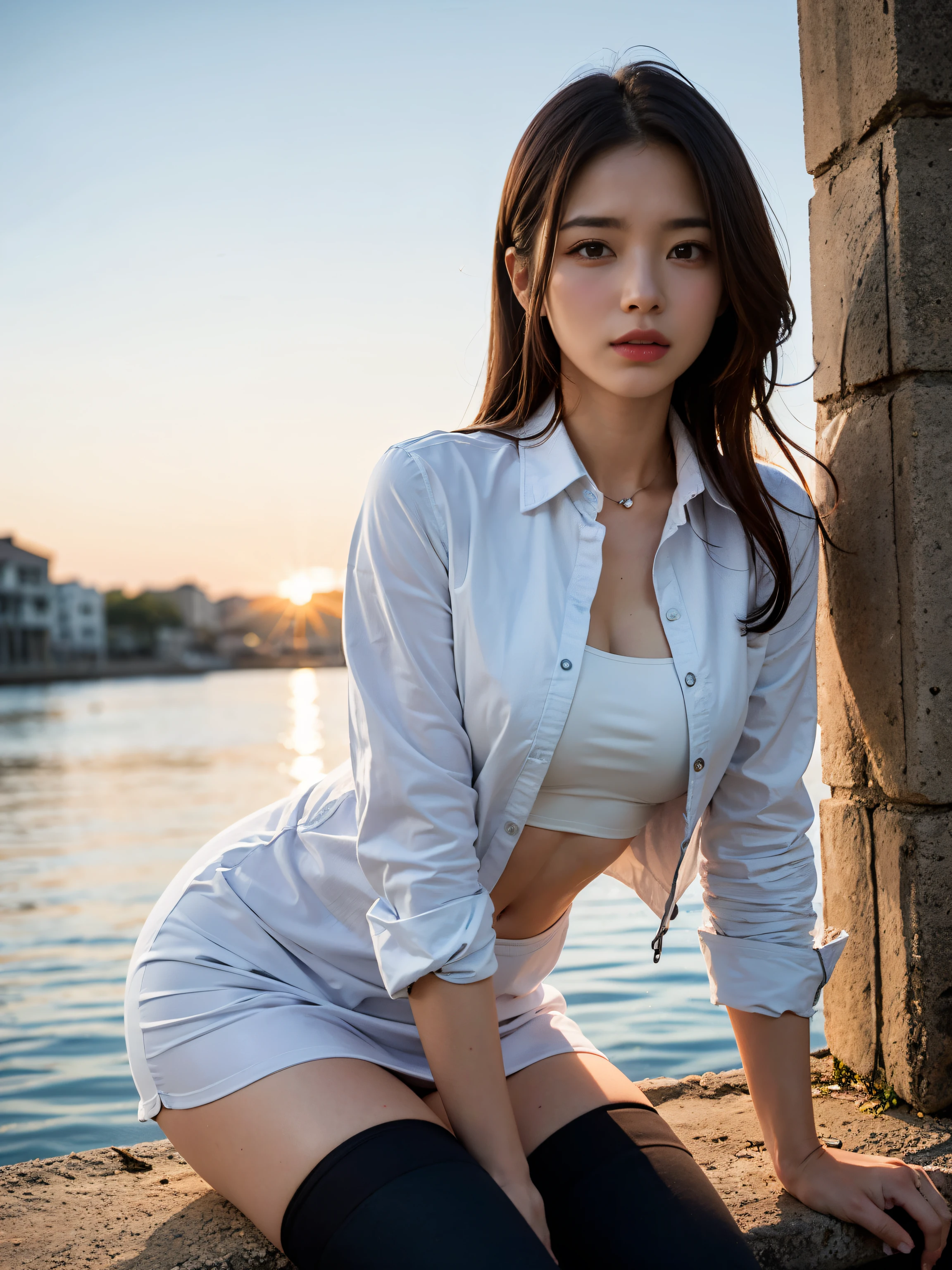 medium shot, medium shot, depth of fields, Upper body, Cinematic Angle, masutepiece, Best Quality, 8K, Pretty Face, Delicate eyes, maidennurse, Solo, long chestnut hair, Details of face,eyes are brown, Hairpin, White shirt, Pink jacket, Black stockings, black over-the-knee boots, Sunset, 中世のharbour, harbour, Detailed water surface, Reflection of the Sun