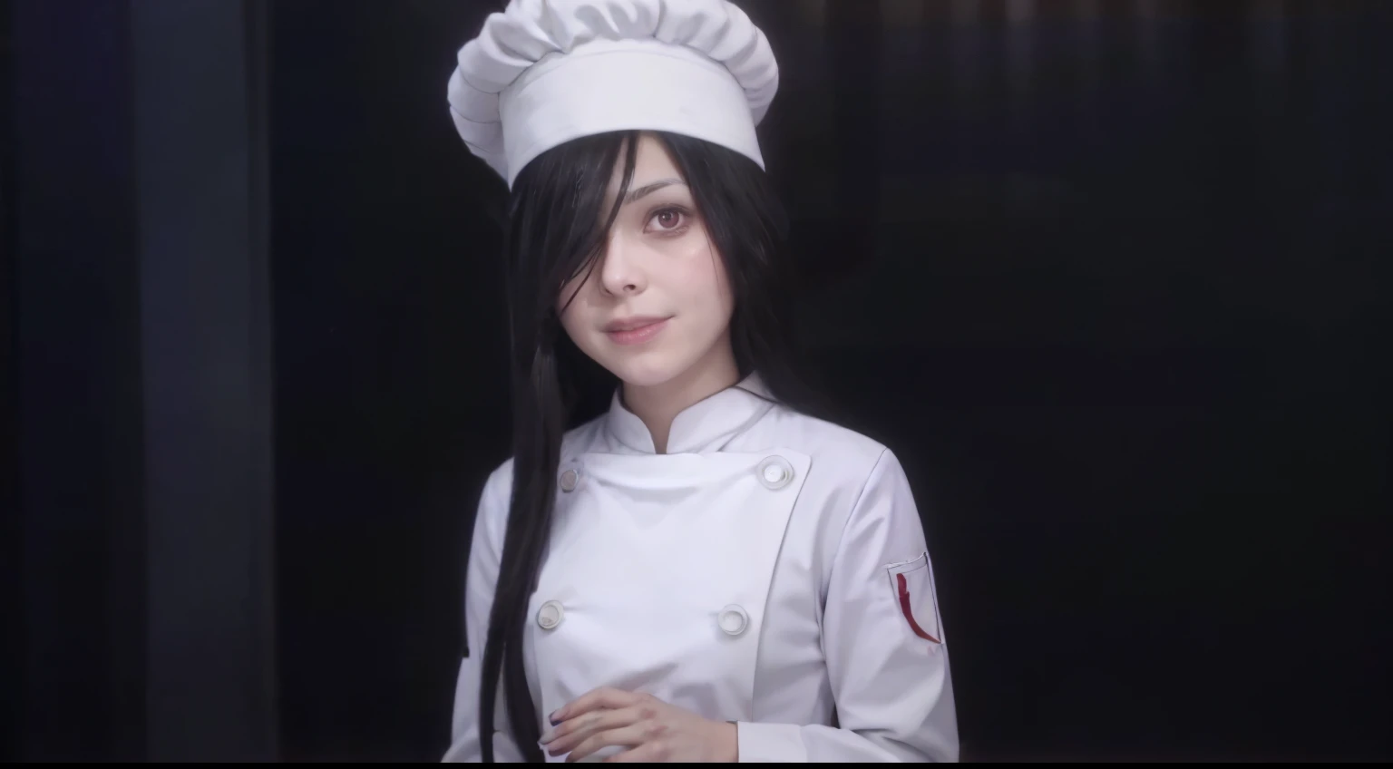 ((masterpiece,best quality)), absurdres, Sadatsuka_Nao_Shokugeki, 1girl, solo, black hair, long hair, hair over one eye, red eyes, chef, chef hat, @_@, solo, smiling, blushing, looking at viewer, cowboy shot, purple clothes, purple hat