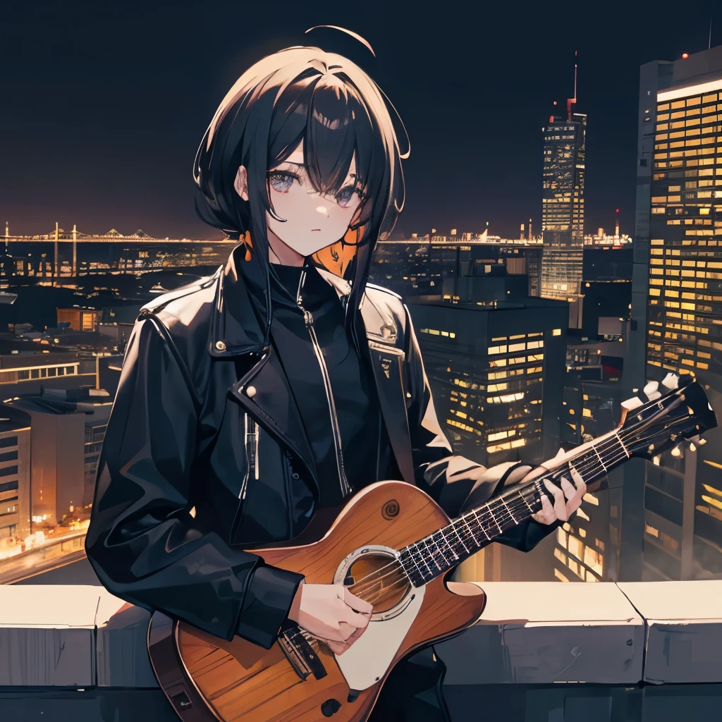 (1st grade) jovem, male gender,cabelo preto e longo,com uma guitarra na costa, big city scenery at night,jaqueta preta
