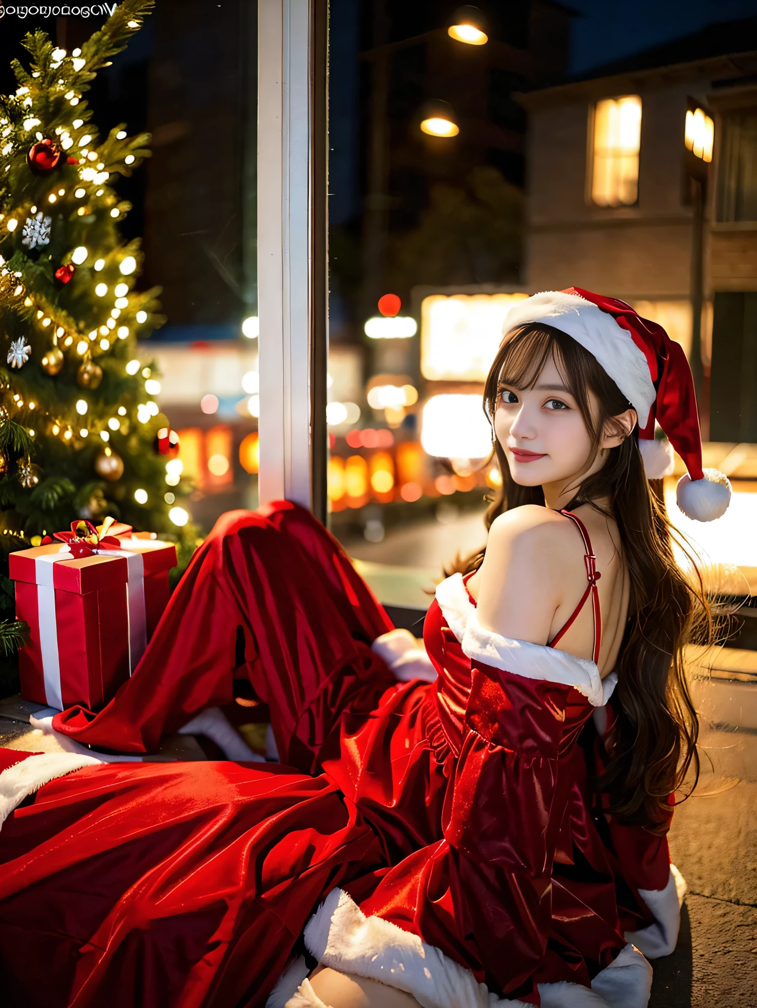(((Santa Claus Costume))),(((Looking at Viewer:1.5))),(((Shoot a girl from the side))),ulzzang -6500-v1.1, (Raw photo:1.2), (photographrealistic:1.4), a beautiful detailed girl, extremely detailed eye and face, Beautiful detailed eyes, Ultra-detailed, High resolution, top-quality, masterpiece, Highly detailed, 8K Wallpaper, Wonderful, finely detail, top-quality, Light on the Face,电影灯光,1girl in,(Christmas market in Stuttgart),Beautiful eyes,Smile,Opening Mouth,Snow outside the window
