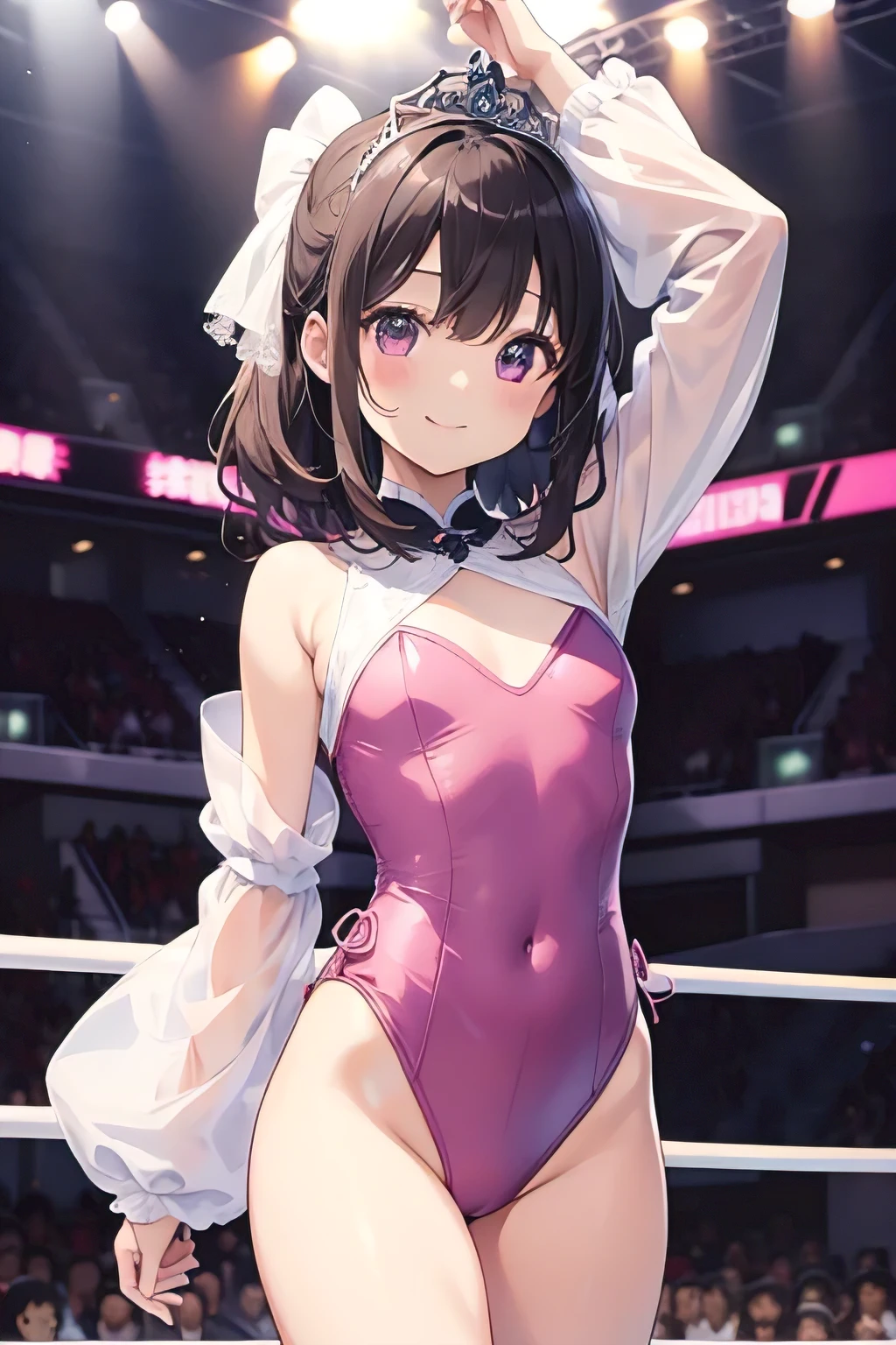 top-quality、extremely delicate and beautiful、Soio、Soio、8-year-old 、japanes、Lori、Chiquita、noble、elementary student、A dark-haired、((Pink leotard))、(highleg)、Tiara on the head、A triumphant smile、is standing、Facing the front、Raise your right hand high、The background is professional wrestling、spectator seats