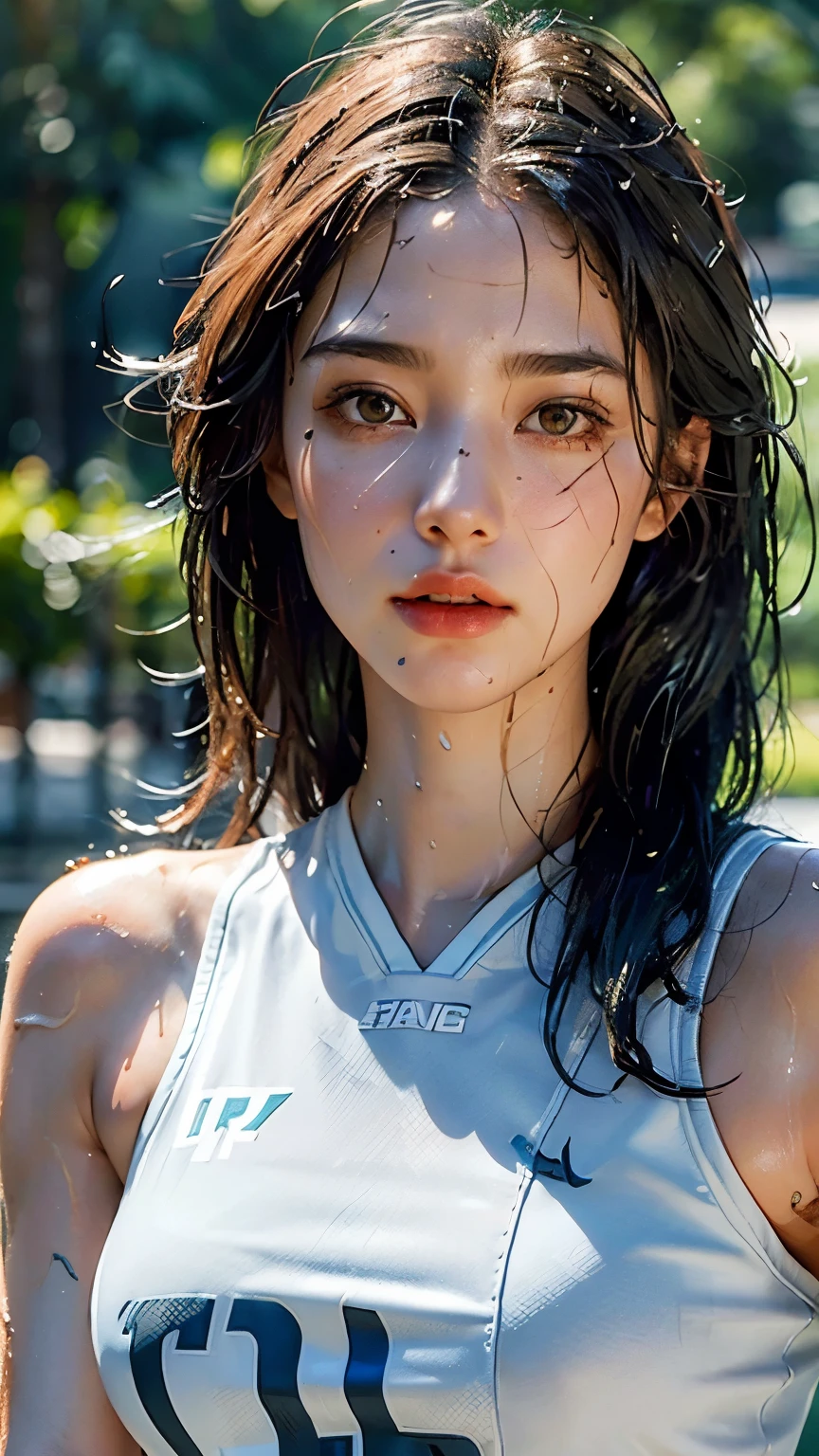 Top Quality, Ultra High Resolution, (Photorealistic: 1.4), 8K Resolution, (Woman in Basketball uniform), (Random Hair: 1.3), (Realistic Hair: 1.2), (Realistic Eyes: 1.2), (Beauty Face: 1.3), (large breasts), (Wet Skin: 1.3),(dynamic angle:1.3),