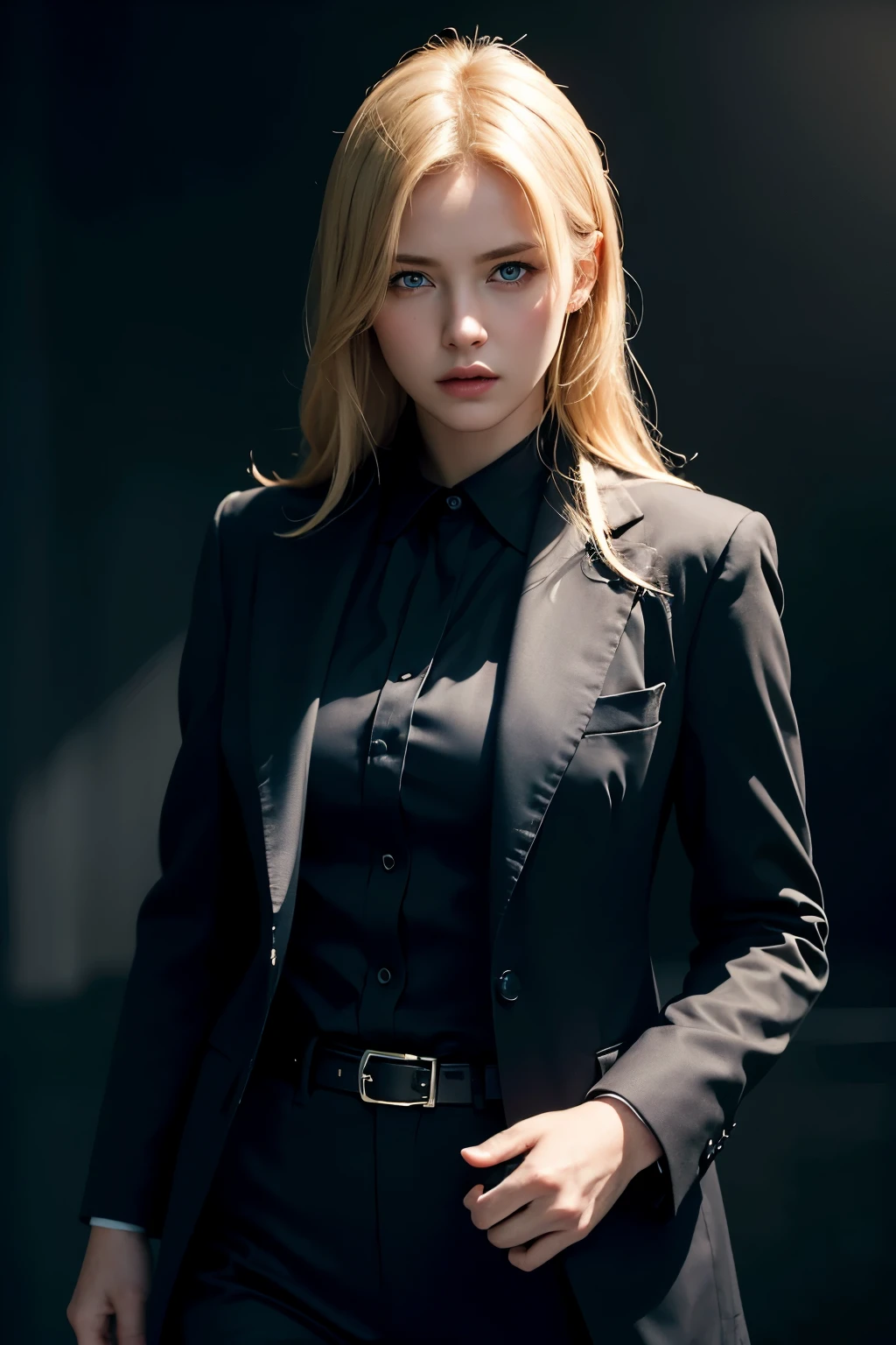 Best quality, masterpiece, ultra high res, (photorealistic:1.4), raw photo, 1girl, blonde hair, blue eyes,  detailed eyes and face, black suit, dynamic lighting, in the dark, deep shadow, low key, cowboy shot full-lenght body