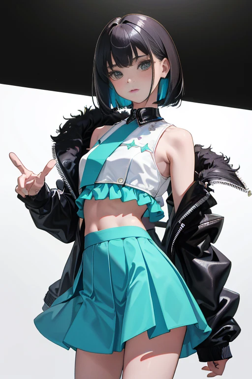 （​masterpiece，Highest Quality），(child:1.3)，(Crop Top Look，skirt by the)，Turquoise Lolita Clothing，(A dark-haired，Medium bob)，embarrassed from，Delicate body，petite body，over Shoulder jacket