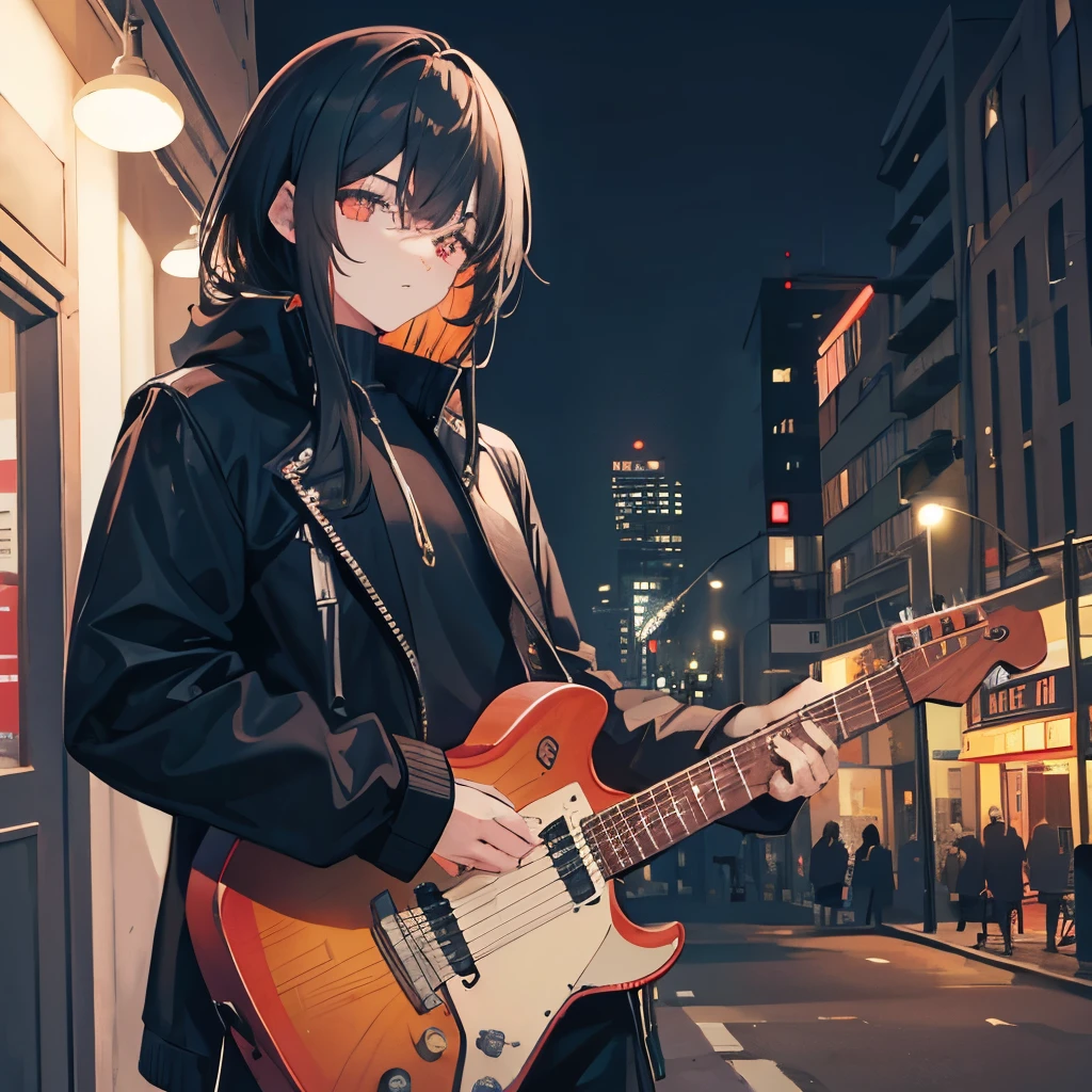 () jovem, male gender,cabelo preto e longo,com uma guitarra na costa, big city scenery at night,jaqueta preta