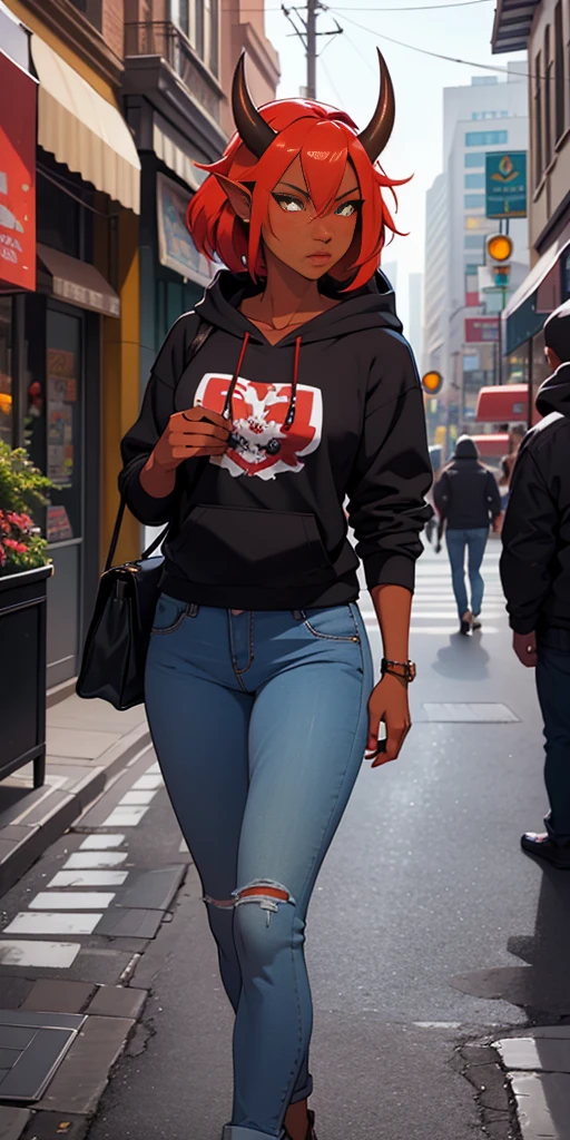 masterpiece, best quality, ultra high res, beautiful, visually stunning, elegant, incredible details, award-winning art, 0n1, red skin, oni horns, oni, red oni, colored skin, city, street,hoodie, jeans, handbag,