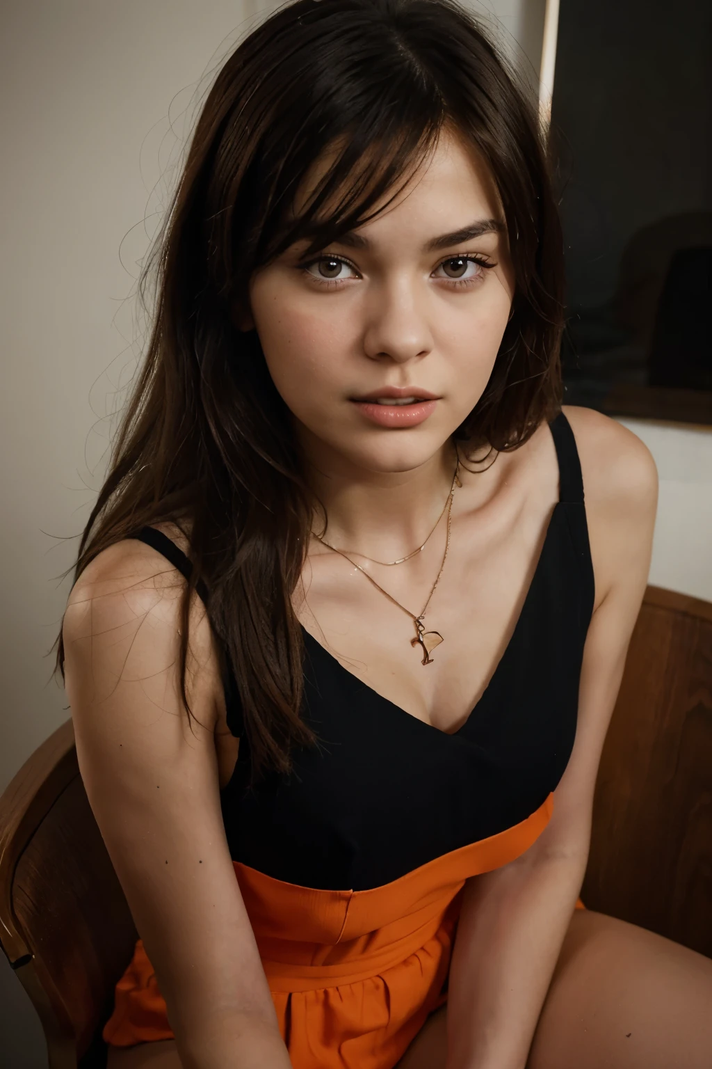 there is a brunette  sitting on a chair with a necklace on, a portrait by Jacqui Morgan, pexels, pop art, wearing a low cut orange sundress showing cleavage, she is thin with very small breasts, thick black headband, wearing an orange jumpsuit, portrait shot, sasha grey, anna nikonova, retro stylised, photo of young woman, alina ivanchenko, vintage inspired, miranda cosgrove, corinne day, mid shot portrait, hyper realistic,