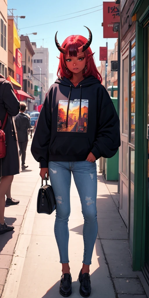 masterpiece, best quality, ultra high res, beautiful, visually stunning, elegant, incredible details, award-winning art, 0n1, red skin, oni horns, oni, red oni, colored skin, city, street,hoodie, jeans, handbag,