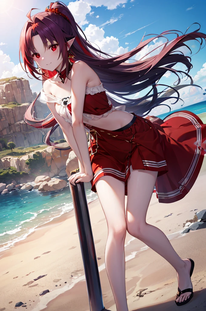 Yuki Konno, Yuki Konno, shairband, Long hair，poneyTail, pointy ear, Purple hair, (Red Eyes:1.5), (Small breasts:1.2), ahoge sleeveless，shortpants，He is holding a float in his right arm.，sand beach，mare，mare水浴，A smile，expressioness(A delightful) Upper body, Full body,
BREAK outdoors, 
BREAK (masutepiece:1.2), Best Quality, High resolution, Unity 8k壁纸, (Illustration:0.8), (Beautiful detailed eyes:1.6), extra detailed face, Perfect Lighting, extremely details CG, (Perfect hands, Perfect Anatomy),