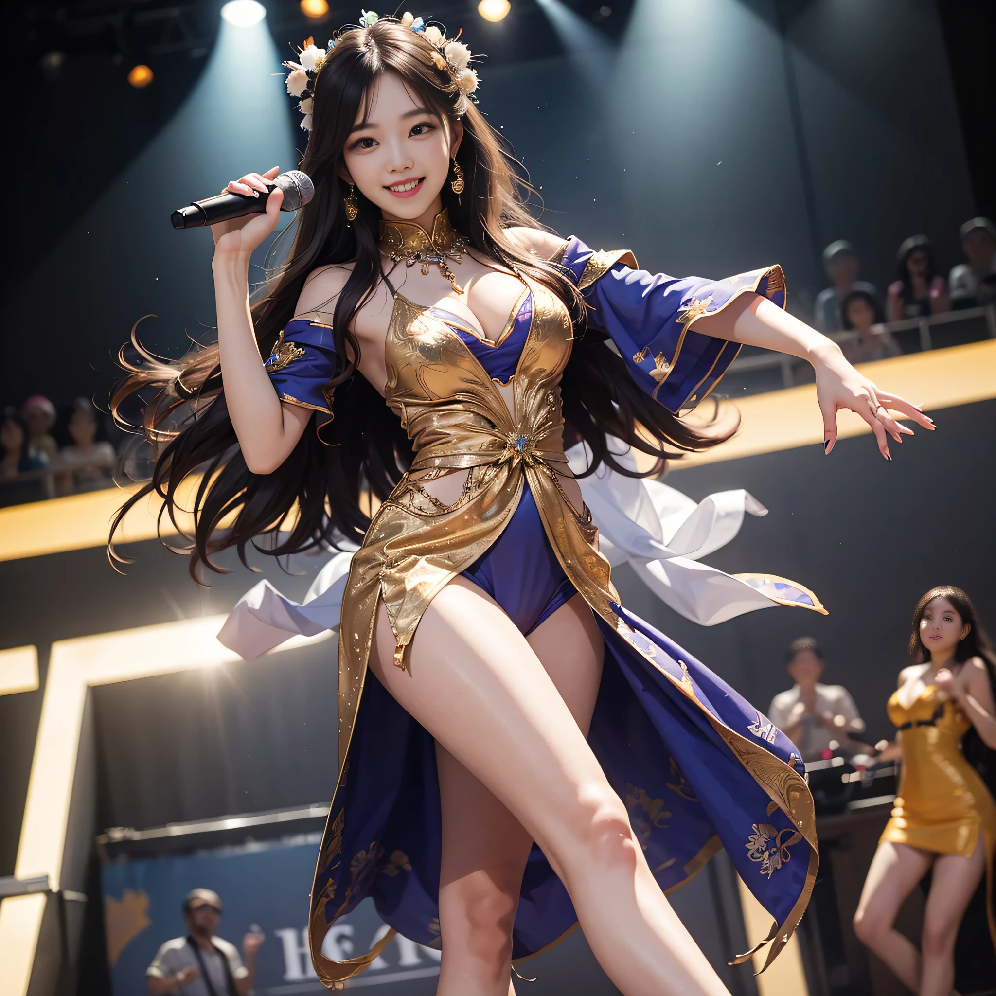 8k, highest quality, high resolution, realistic, real person, live stage with a large audience, one girl, young and cute korean idol, ((KARA)), big, long and beautiful legs, dancing violently in various poses while smiling on stage, holding microphone in hand, revealing gorgeous costume, beautiful light up