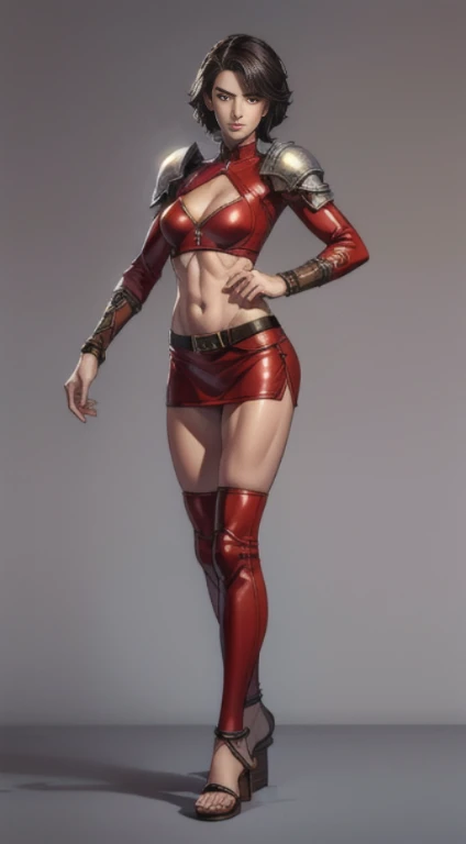 no background, background clean, standing character full body ((solo)), warrior female beautiful adult, perfect fitness body, beautiful charming cute face, serious face, short black hair, pretty detail eyes, beautiful detailed lips, extremely detailed eyes and face, red armor amazon, bare legs, leather sandals, bare abdomen
