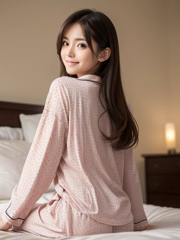 (8k, RAW photo, best quality, masterpiece, ultra detailed:1.2),(realistic, photo-realistic:1.4), sharp focus, depth of field, blur background, bokeh, cinematic lighting, soft light, Japanese actress, cute, beautiful, 25 years old, (detailed skin: 1.2), pale skin, brown eyes, smiling, happy, looking at viewer , (pajamas), (looking back:1.2), big ass, bed