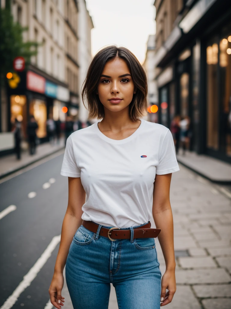 raw photo, Photorealistic, 8K, High Definition, natural young Woman, messy short hair, standing on footpath, facing camera, (wearing loose white crew-neck T-shirt, short sleeve, t-shirt tucked into jeans:1), blank t-shirt, casual jeans with slim belt, perfect anatomy, Bokeh, Street luxury stores in background, People in background, blurry background, dusk, London, 85mm lens, instagram shot