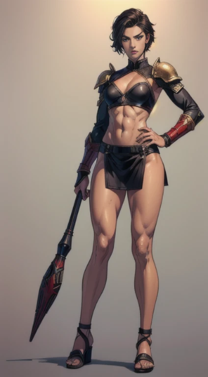 Female Halo Spartan Soldier, full body, sensual, wine-colored hair, shoulder length hair, wavy hair, slanted eyes, cachetona, brownish skin, dark colored eyes, weapon in hand, snub nose, long legs, with platform boots, naked