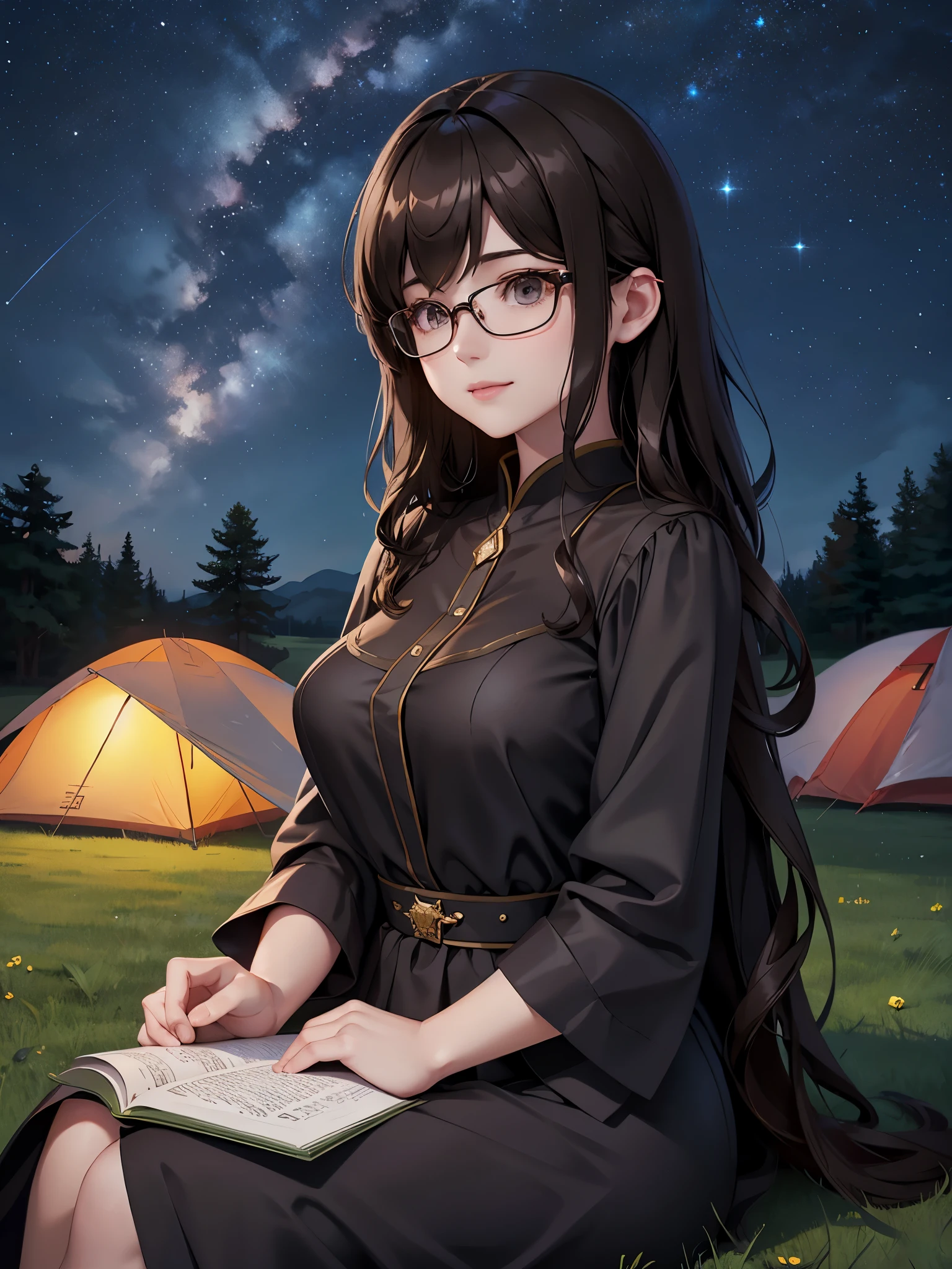 Young woman sitting on the grass reading a book, black long curly hair, wears glasses, Delicate smile, bright brown eyes, Looking Up The Sky, lamplight, full bodyesbian, Under a big tree, A farther field of view, A tent in the background, starrysky, illuminated night, Photography effects, 8K, 超詳細, hyper realisitc.